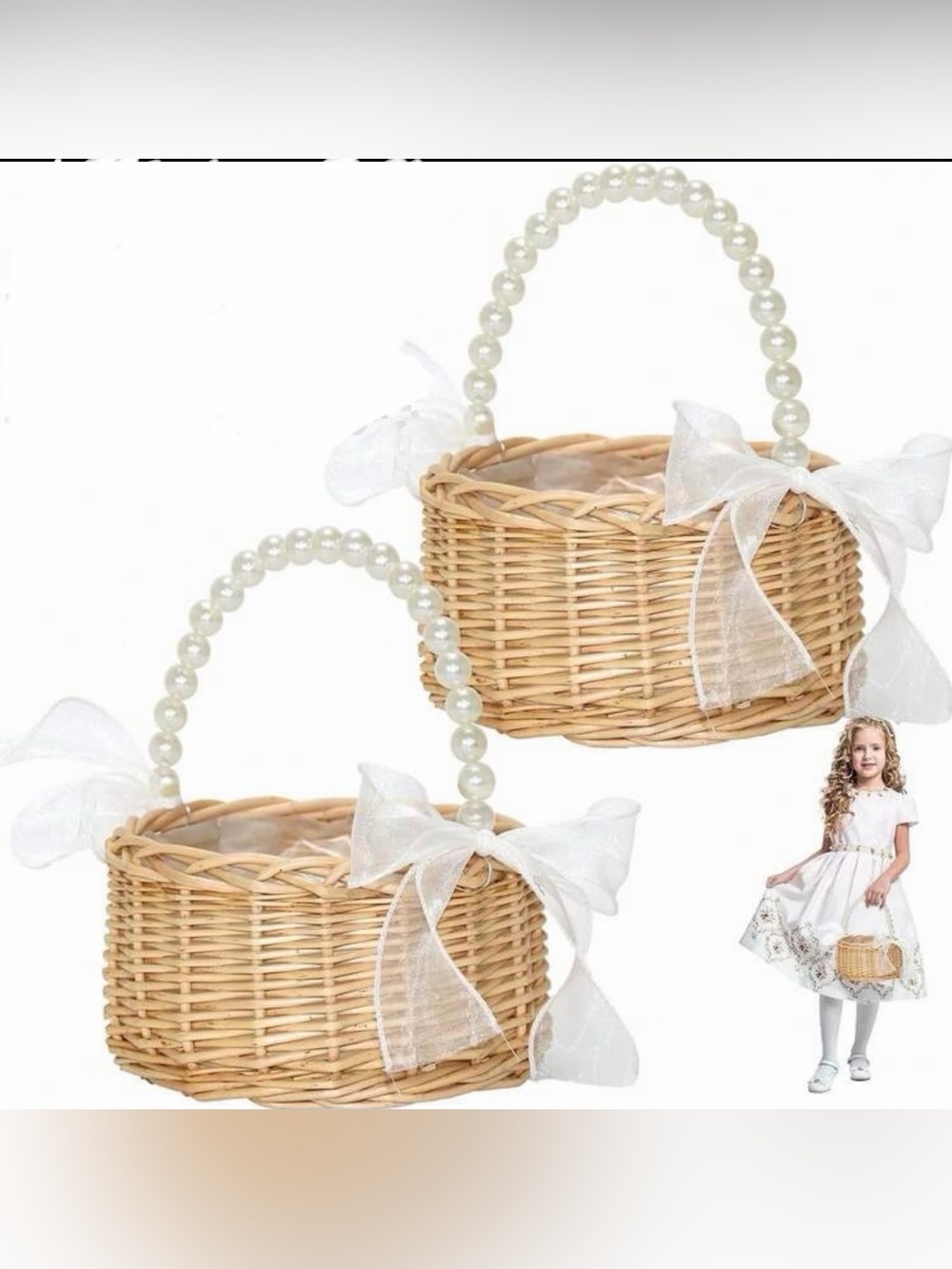 2 piece Flower Girl Wicker Baskets with pearls and ribbon.
